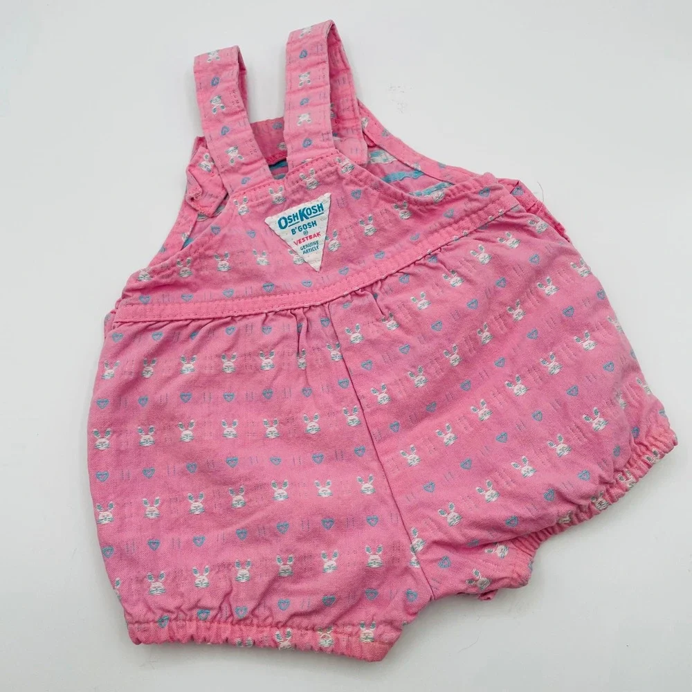 OshKosh B'gosh Shortalls Pink Bunny Heart Woven Vestbak Kids Vintage